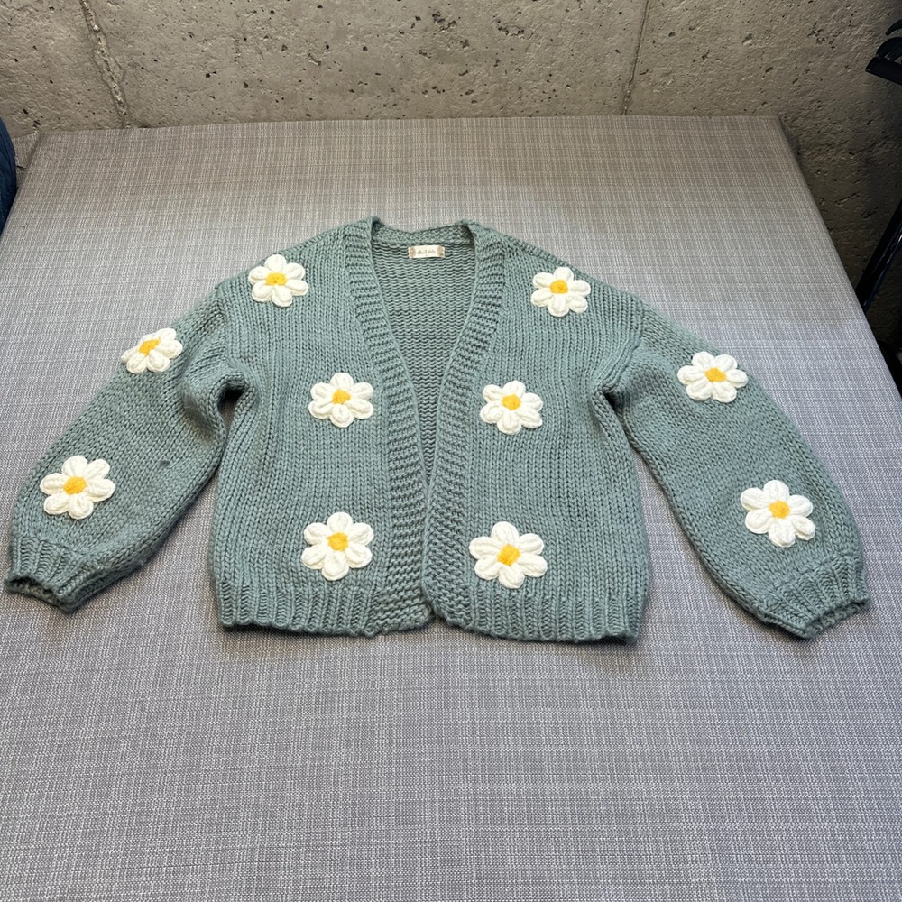 Altar'd State 3D Daisy Chunky Knit Cardigan Sage Green Small Whimsical Cottage - Picture 2 of 11